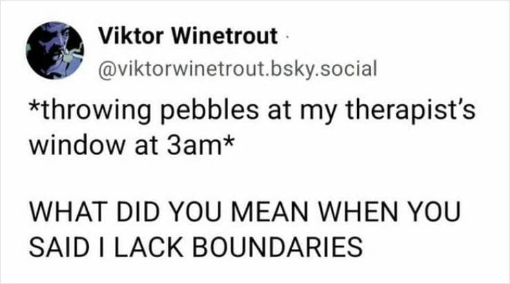 therapy memes. *throwing pebbles at my therapist's window at 3am* WHAT DID YOU MEAN WHEN YOU SAID I LACK BOUNDARIES