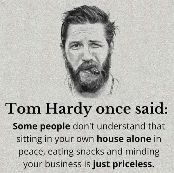 wholesome memes. Tom Hardy once said: Some people don't understand that sitting in your own house alone in peace, eating snacks and minding your business is just priceless.