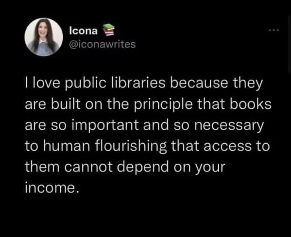 wholesome memes. I love public libraries because they are built on the principle that books are so important and so necessary to human flourishing that access to them cannot depend on your income.