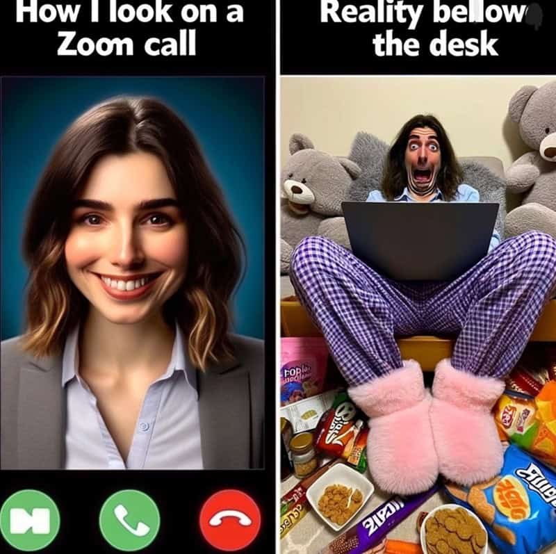 work from home memes, remote work humor, hybrid work memes, WFH jokes, remote work funnies, hybrid work laughs, work from home humor