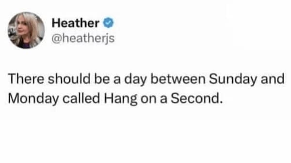 work memes. There should be a day between Sunday and Monday called Hang on a Second.