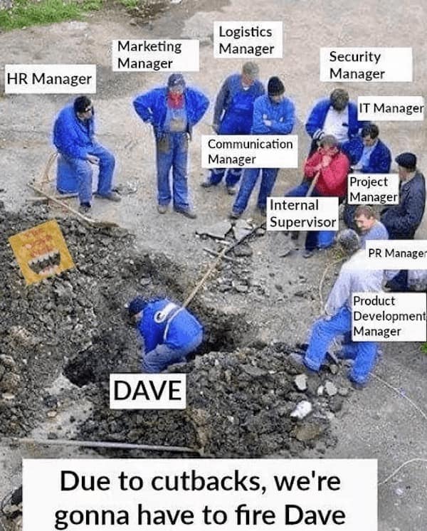 work memes. HR Manager Security Manager IT Manager Communication Manager Project Manager Internal Supervisor PR Manage: Product Development Manager DAVE Due to cutbacks, we're gonna have to fire