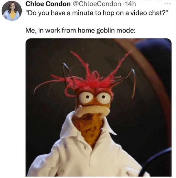 work memes. "Do you have a minute to hop on a video chat?" Me, in work from home goblin mode: