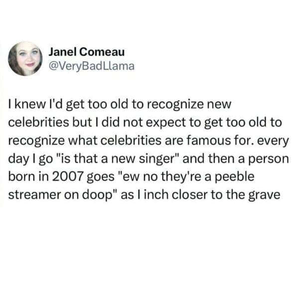 I knew I'd get too old to recognize new celebrities but I did not expect to get too old to recognize what celebrities are famous for. every day I go "is that a new singer" and then a person born in 2007 goes "ew no they're a peeble streamer on doop" as I inch closer to the grave