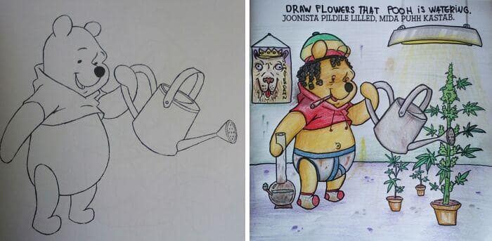 corrupted coloring books, adult coloring book humor, dark humor coloring books, funny coloring book edits