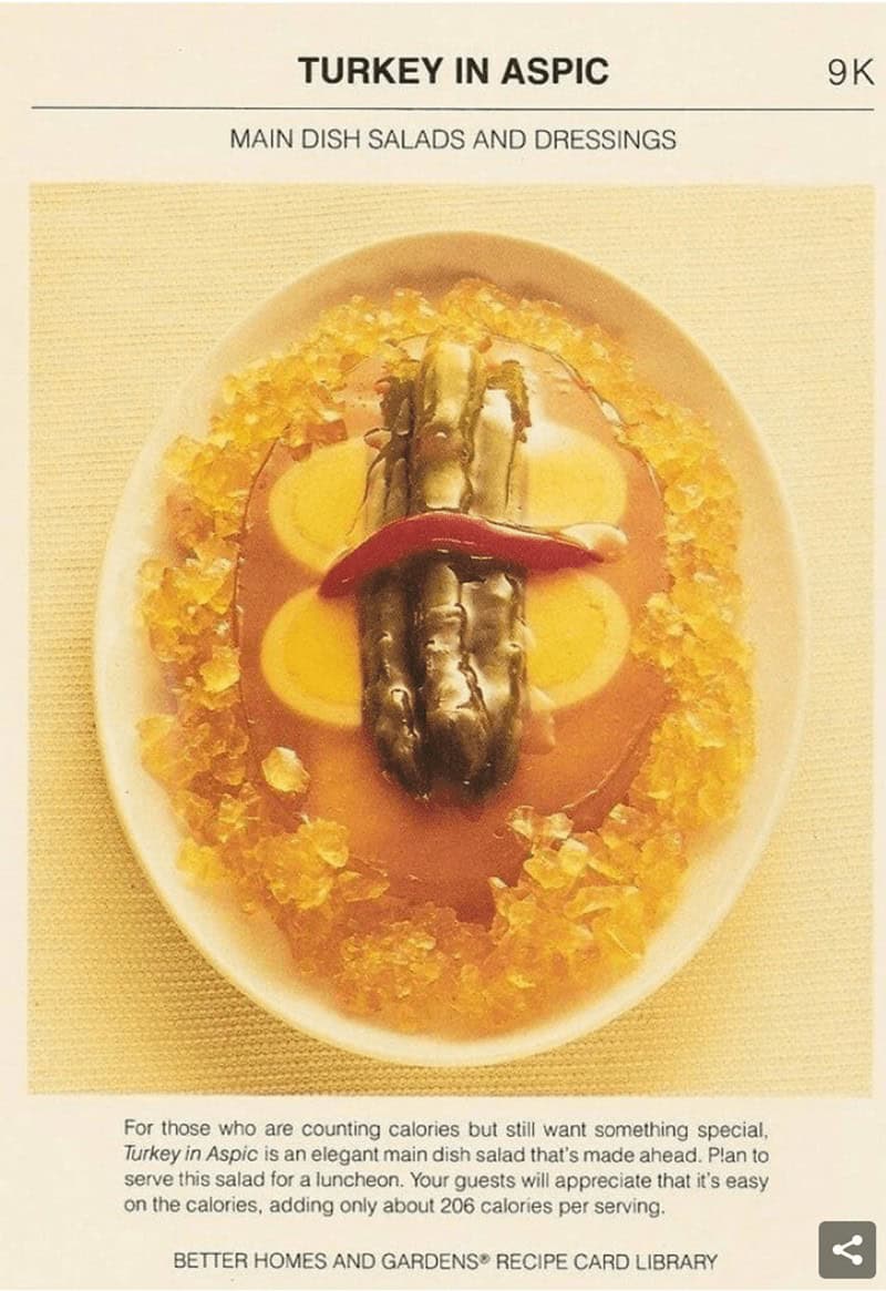 cursed food, weird food pics, vintage recipe books, strange food photos, unusual food images, old cookbooks, retro recipe collections