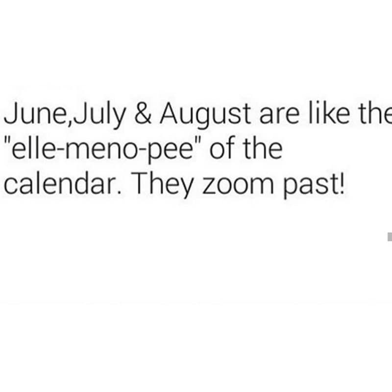 June, July & August are like the "elle-meno-pee" of the calendar. They zoom past!