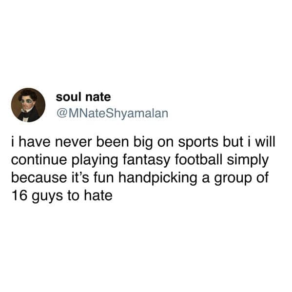 i have never been big on sports but i will continue playing fantasy football simply because it's fun handpicking a group of 16 guys to hate