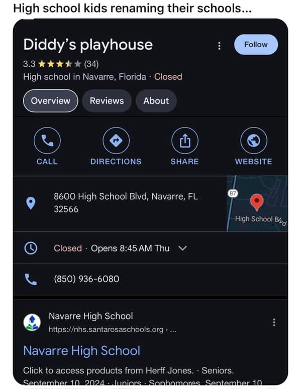 High school kids renaming their schools... Diddy's playhouse