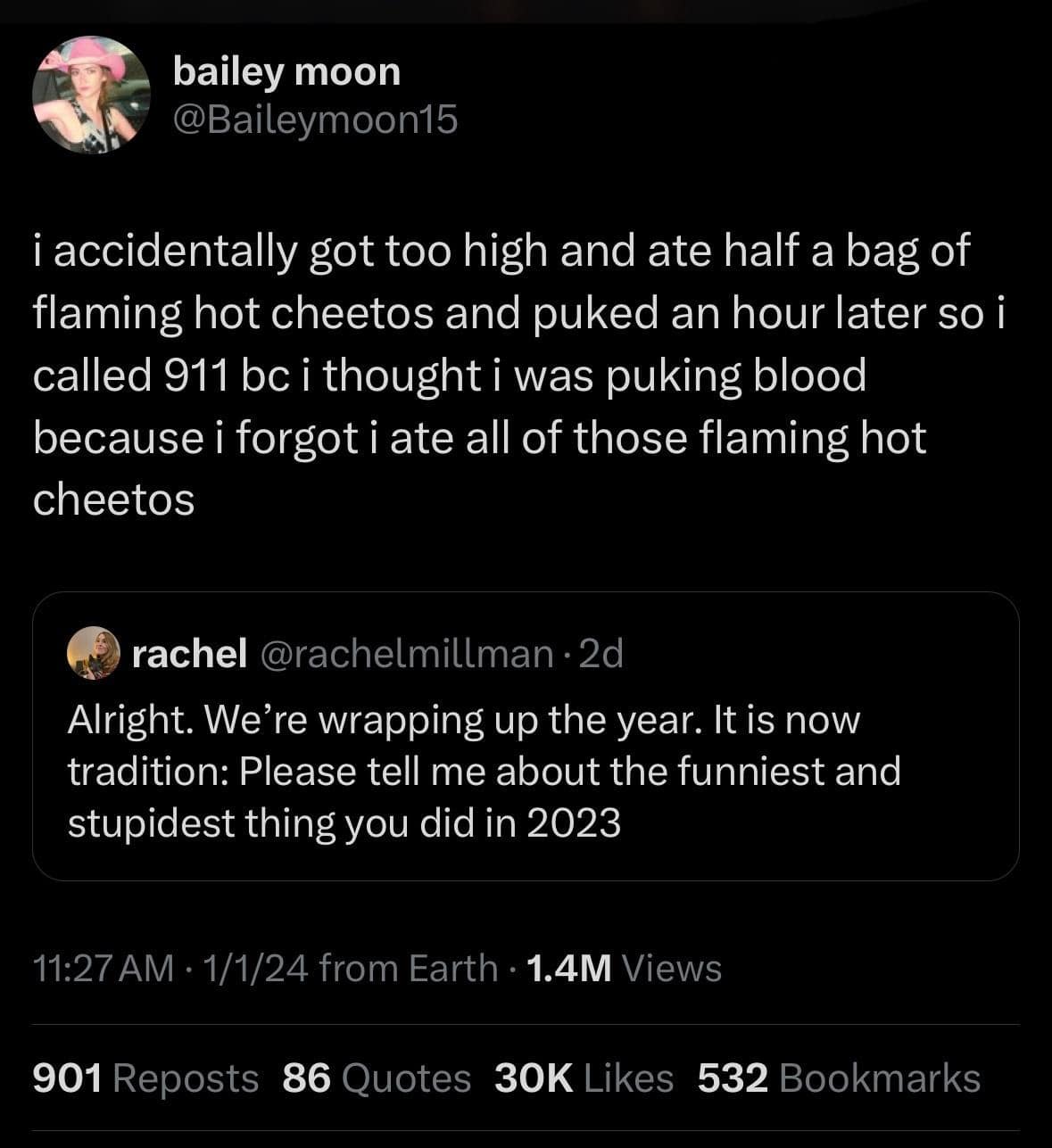 i accidentally got too high and ate half a bag of flaming hot cheetos and puked an hour later so i called 911 bc i thought i was puking blood because i forgot i ate all of those flaming hot cheetos