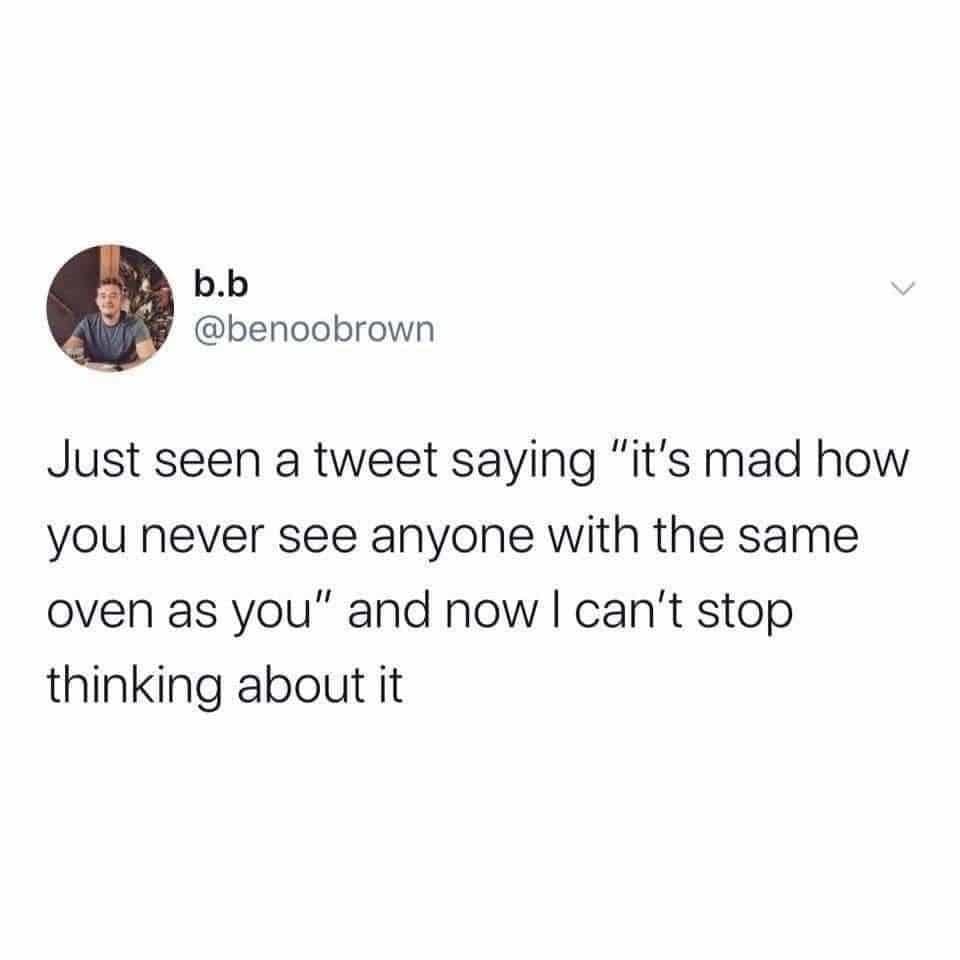 Just seen a tweet saying "it's mad how you never see anyone with the same oven as you" and now I can't stop thinking about it