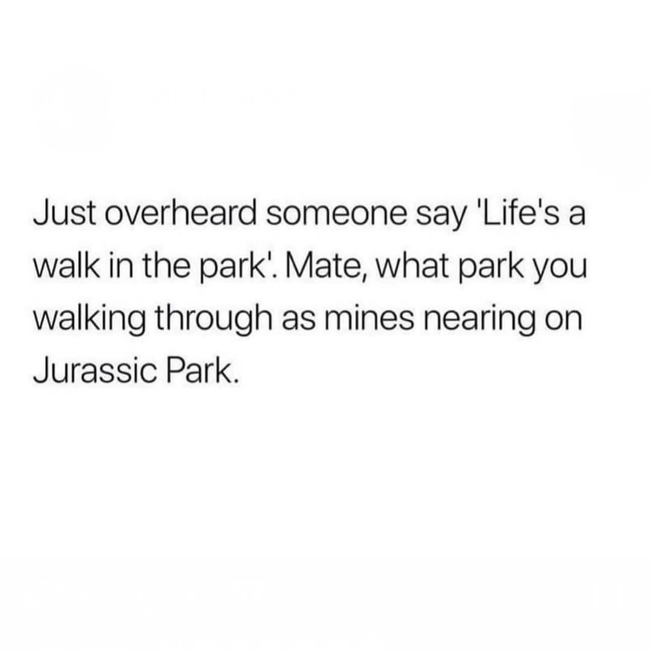 Just overheard someone say 'Life's a walk in the park. Mate, what park you walking through as mines nearing on Jurassic Park.