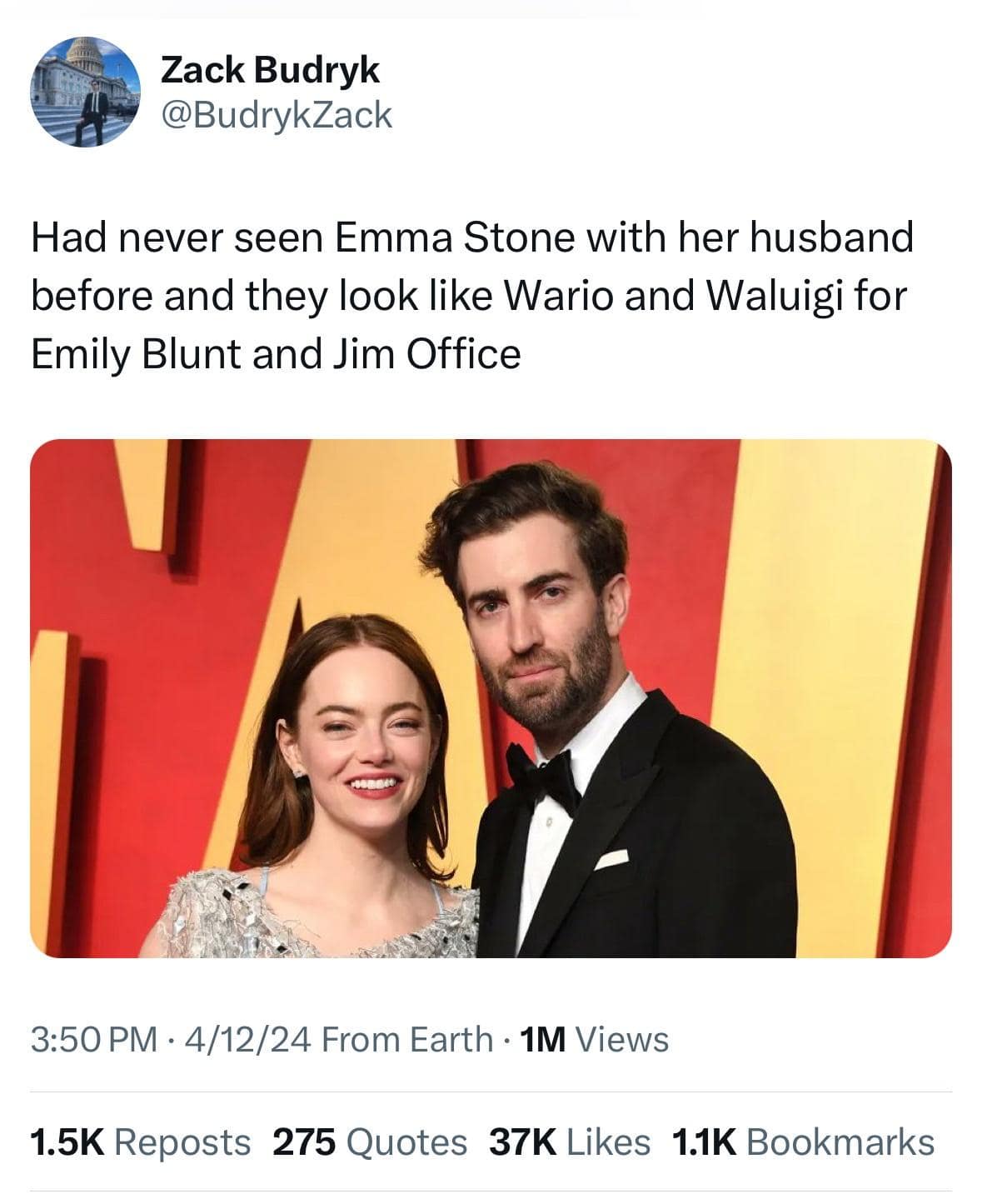 Had never seen Emma Stone with her husband before and they look like Wario and Waluigi for Emily Blunt and Jim Office