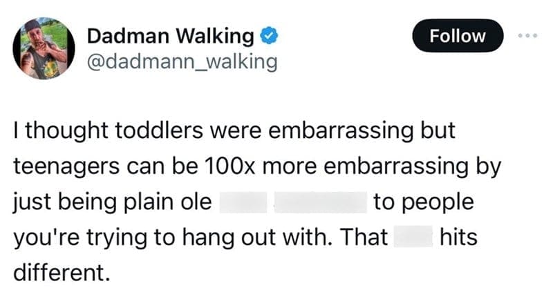 I thought toddlers were embarrassing but teenagers can be 100x more embarrassing by just being plain ole to people you're trying to hang out with. That hits different.