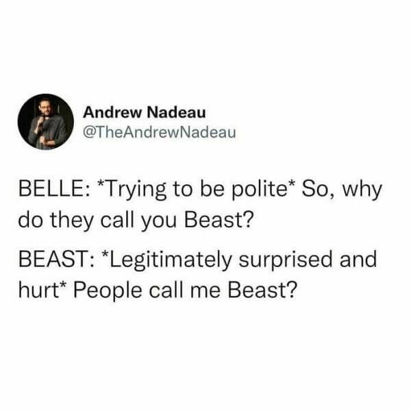 BELLE: *Trying to be polite* So, why do they call you Beast? BEAST: *Legitimately surprised and hurt* People call me Beast?