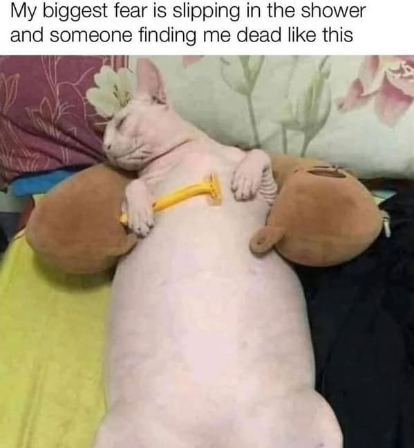 My biggest fear is slipping in the shower and someone finding me dead like this