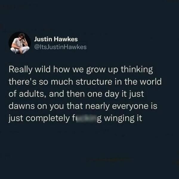 Really wild how we grow up thinking there's so much structure in the world of adults, and then one day it just dawns on you that nearly everyone is just completely fi g winging it