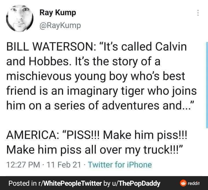 BILL WATERSON: "It's called Calvin and Hobbes. It's the story of a mischievous young boy who's best friend is an imaginary tiger who joins him on a series of adventures and..."