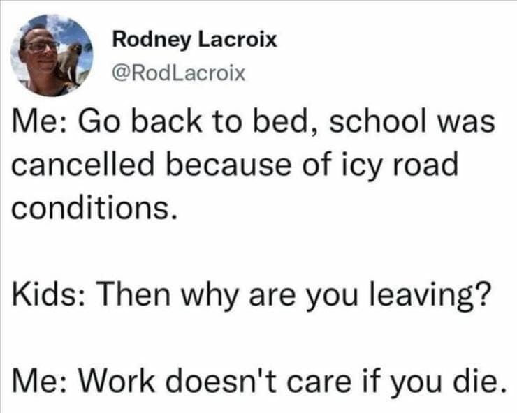 Me: Go back to bed, school was cancelled because of icy road conditions. Kids: Then why are you leaving? Me: Work doesn't care if you die.
