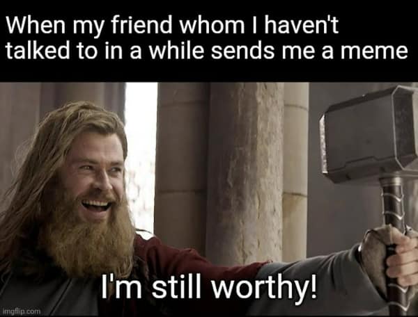 When my friend whom I haven't talked to in a while sends me a meme I'm still worthy!