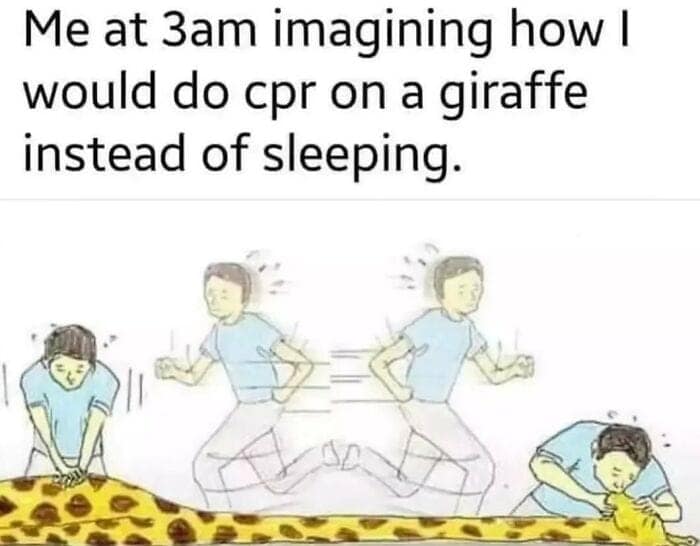 Me at 3am imagining how I would do cpr on a giraffe instead of sleeping.