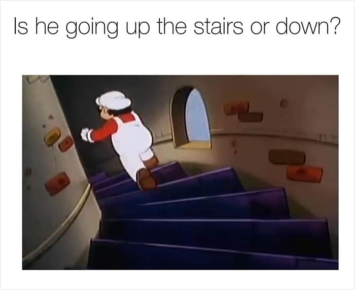 Is he going up the stairs or down?