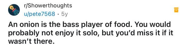 An onion is the bass player of food. You would probably not enjoy it solo, but you'd miss it if it wasn't there.