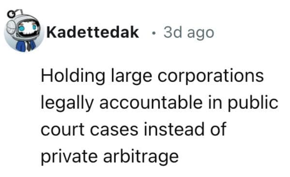 Holding large corporations legally accountable in public court cases instead of private arbitrage