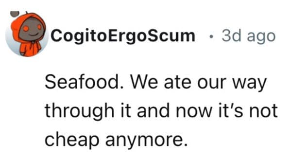 Seafood. We ate our way through it and now it's not cheap anymore.