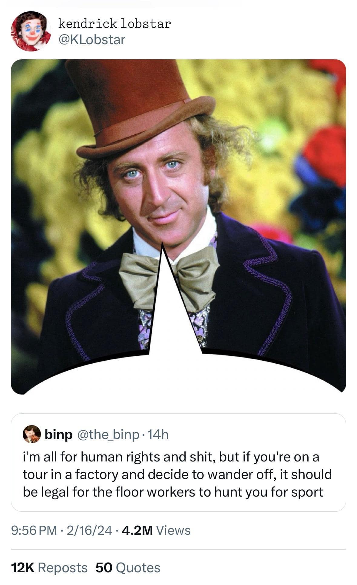 i'm all for human rights and shit, but if you're on a tour in a factory and decide to wander off, it should be legal for the floor workers to hunt you for sport