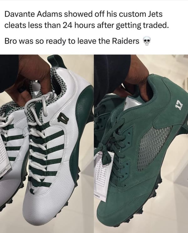 Davante Adams showed off his custom Jets cleats less than 24 hours after getting traded. Bro was so ready to leave the Raiders
