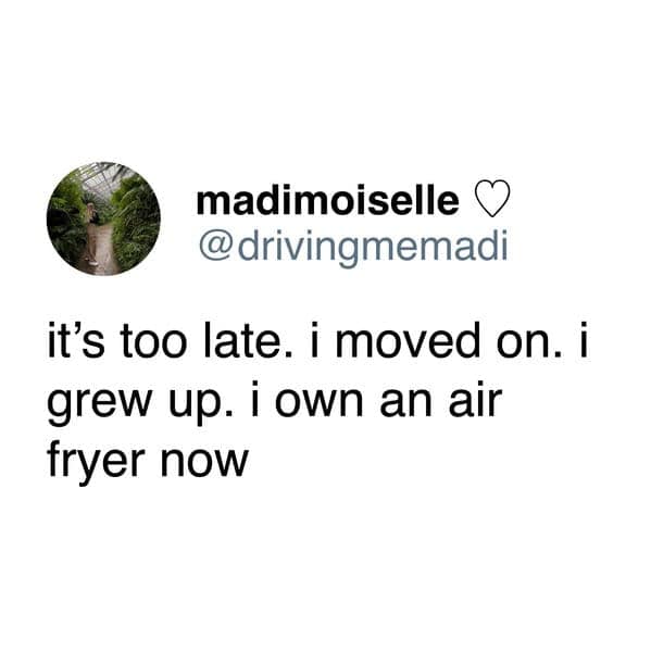 it's too late. i moved on. i grew up. i own an air fryer now