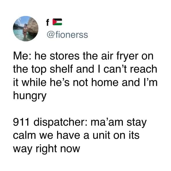 Me: he stores the air fryer on the top shelf and I can't reach it while he's not home and I'm hungry 911 dispatcher: ma'am stay calm we have a unit on its way right now