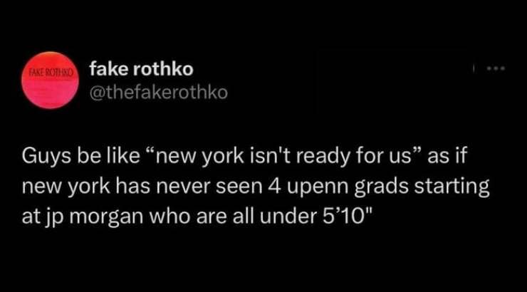 Guys be like "new york isn't ready for us" as if new york has never seen 4 upenn grads starting at jp morgan who are all under 5'10"