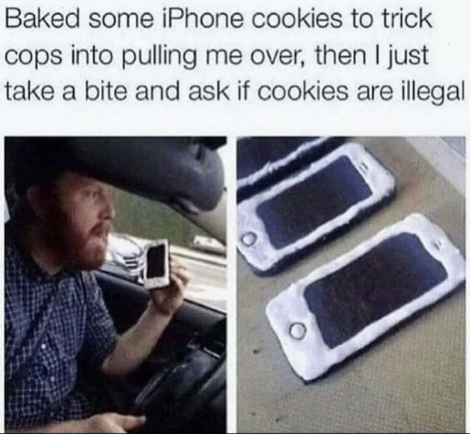Baked some iPhone cookies to trick cops into pulling me over, then I just take a bite and ask if cookies are illegal
