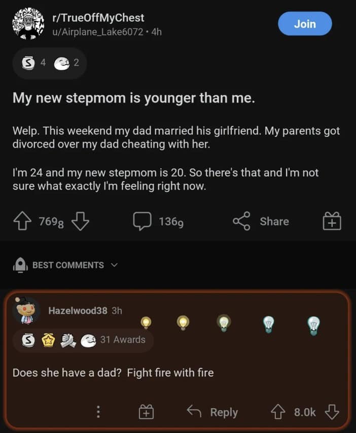 My new stepmom is younger than me. Welp. This weekend my dad married his girlfriend. My parents got divorced over my dad cheating with her. I'm 24 and my new stepmom is 20. So there's that and I'm not sure what exactly I'm feeling right now.