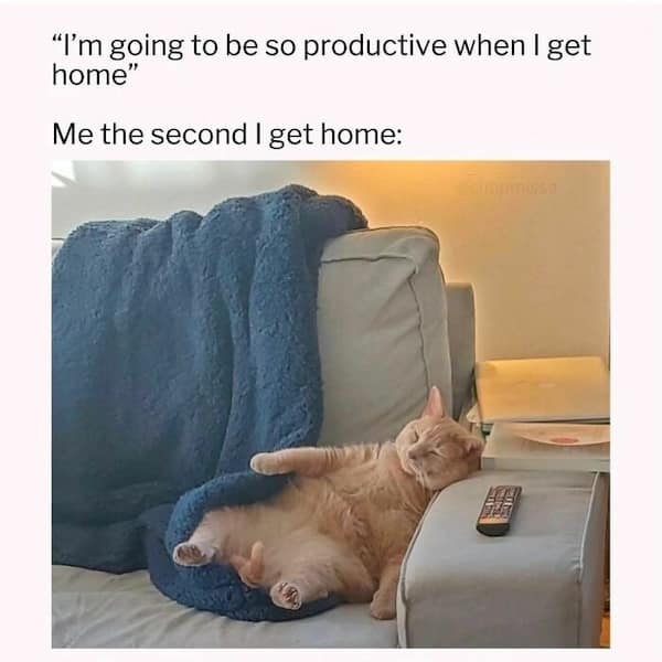 "I'm going to be so productive when I get home" Me the second | get home: