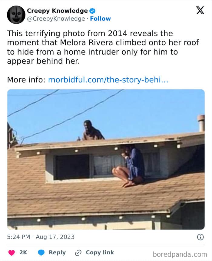 This terrifying photo from 2014 reveals the moment that Melora Rivera climbed onto her roof to hide from a home intruder only for him to appear behind her.