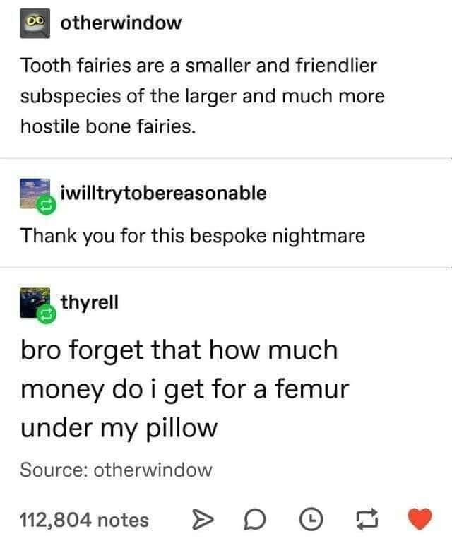 Tooth fairies are a smaller and friendlier subspecies of the larger and much more hostile bone fairies.