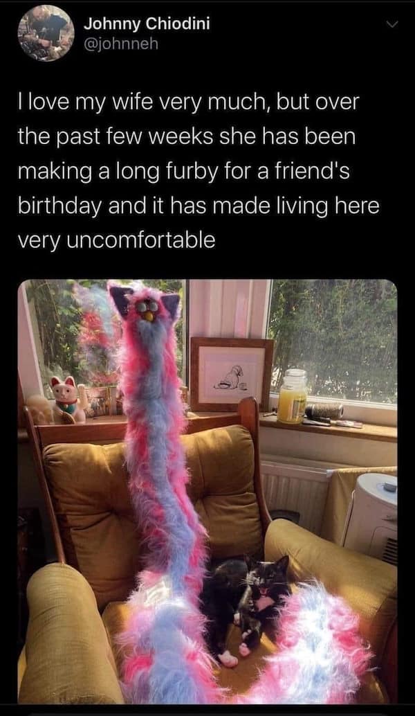 I love my wife very much, but over the past few weeks she has been making a long furby for a friend's birthday and it has made living here very uncomfortable