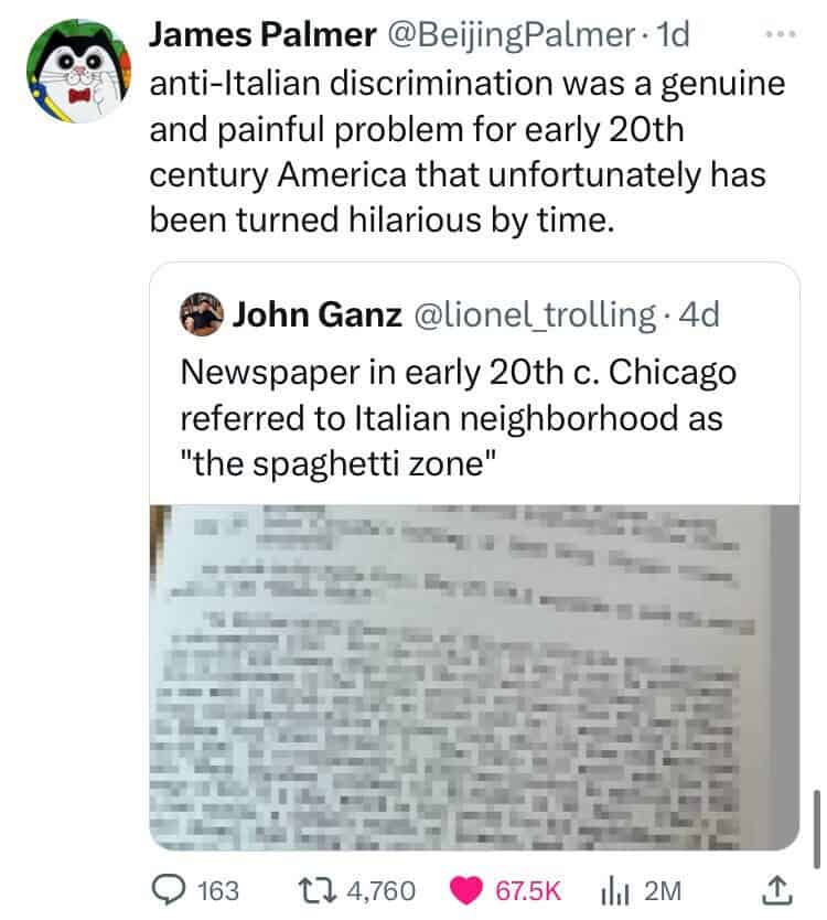 Newspaper in early 20th c. Chicago referred to Italian neighborhood as "the spaghetti zone"