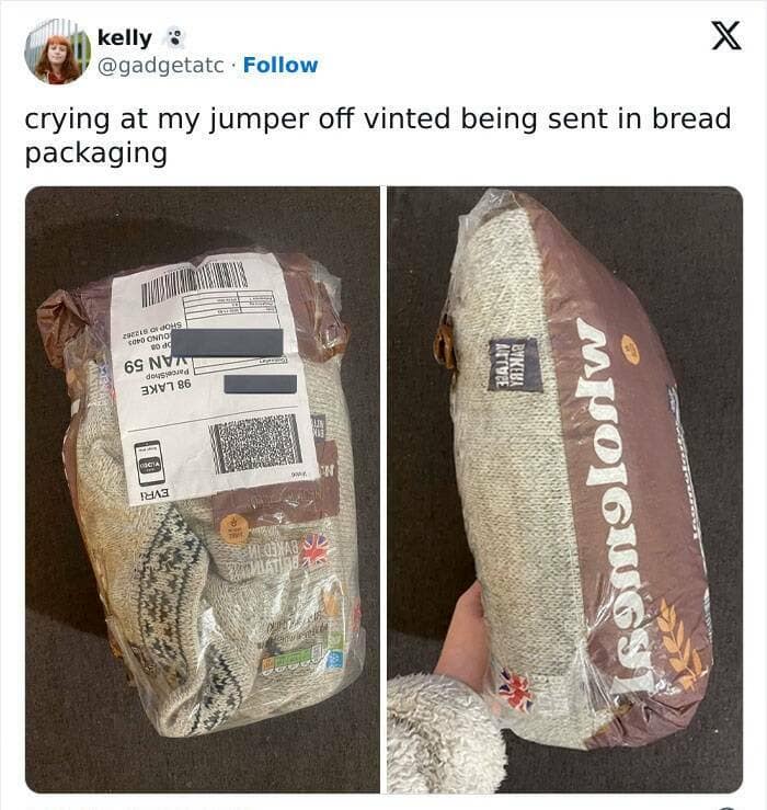 crying at my jumper off vinted being sent in bread packaging
