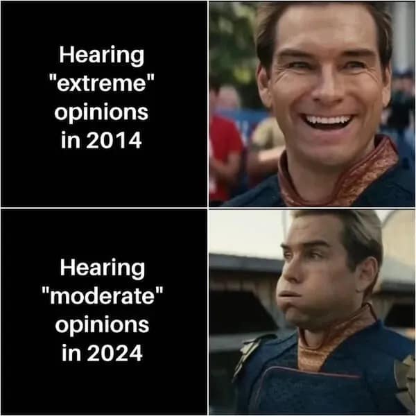 Hearing "extreme" opinions in 2014 Hearing "moderate" opinions in 2024