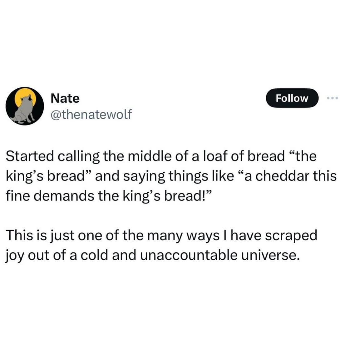 Started calling the middle of a loaf of bread "the king's bread" and saying things like "a cheddar this fine demands the king's bread!" This is just one of the many ways I have scraped joy out of a cold and unaccountable universe.