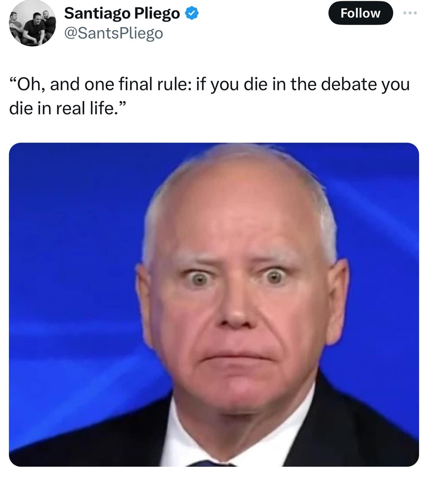 "Oh, and one final rule: if you die in the debate you die in real life."