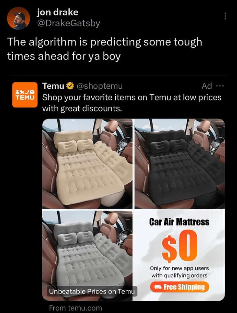 The algorithm is predicting some tough times ahead for ya boy