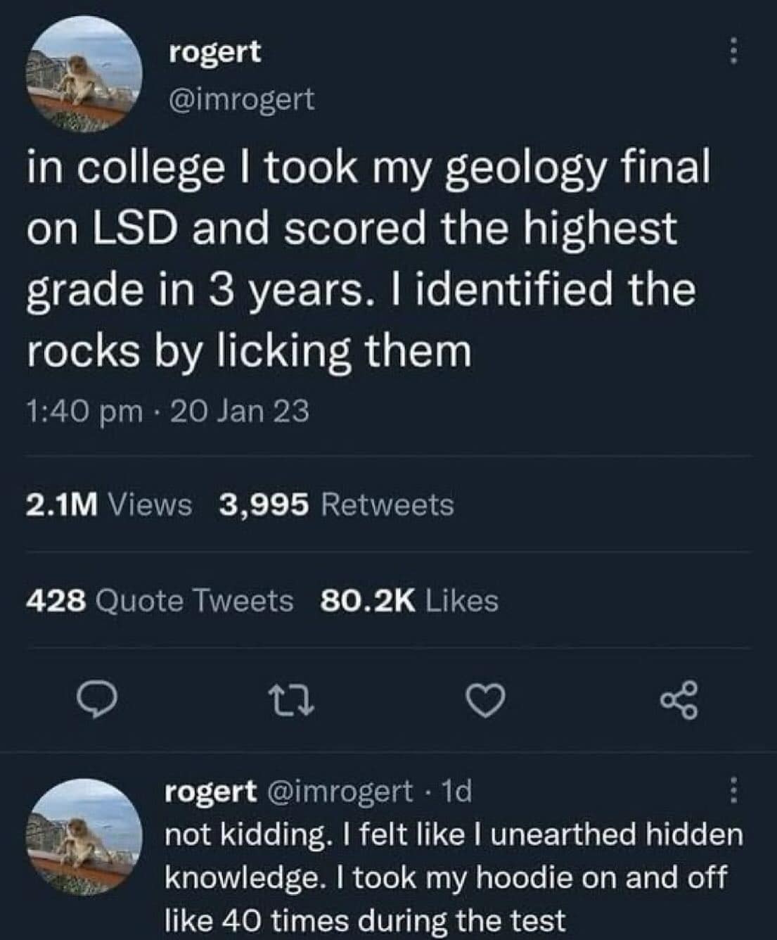 in college I took my geology final on LSD and scored the highest grade in 3 years. I identified the rocks by licking them