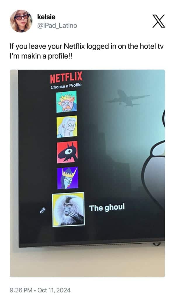 If you leave your Netflix logged in on the hotel tv I'm makin a profile!!