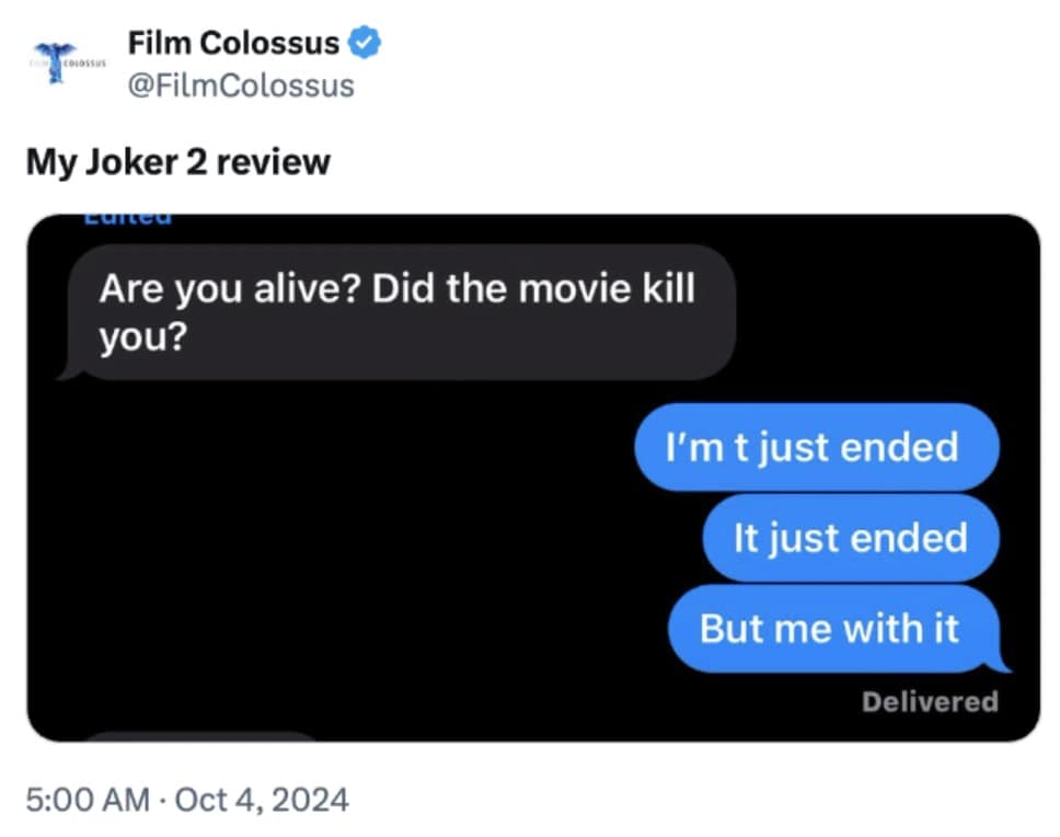 Joker 2 memes, joker 2 reactions, Joker memes, Joker sequel memes, movie roast memes, musical memes, bad movie memes, film satire, movie sequel humor, film criticism memes