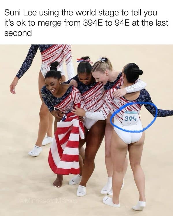 Suni Lee using the world stage to tell you it's ok to merge from 394E to 94E at the last second